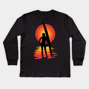 Surfer girl silhouette in front of sunset Kids Long Sleeve T-Shirt